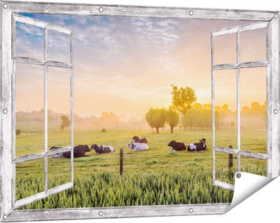 Gards Tuinposter Doorkijk Koeien in de Wei tijdens Zonsopgang - 120x80 cm - Tuindoek - Tuindecoratie - Wanddecoratie buiten - Tuinschilderij