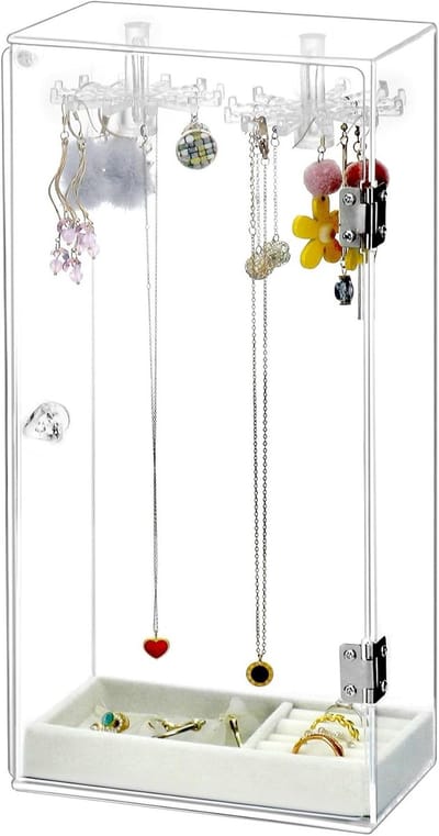 Sieradenstandaard voor kettingen met draaibare haken en opbergtray voor ringen en armbanden in acryl