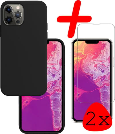 Hoesje Met 2x Screenprotector - Geschikt voor Apple iPhone 14 Pro - Sterk & Shockproof - Back Cover - Siliconen Case - Telefoon Hoes - Zwart