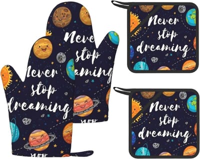 Ovenwanten Set - Hittebestendige Keukenhandschoenen - Veilig Koken - Planet Print Design - 4 Delig - Zwart