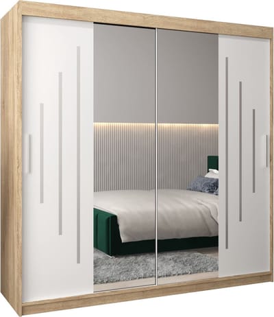 InspireMe - Kledingkast met 2 schuifdeuren, Modern-stijl, Een kledingkast met planken en een spiegel (BxHxD): 200x200x62 - MALTESE I 200 Sonoma Eik + Wit Mat