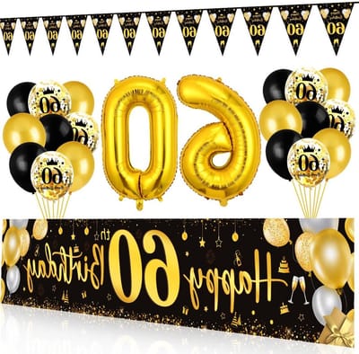 Verjaardagsdecoratie - Happy Birthday-banner, 60ste verjaardag, zwart en goud, feestdecoratie met ballonnen, vlaggetjesslinger