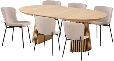 Osaka eethoek 1 eettafel eikenfineer en 6 stoelen beige.