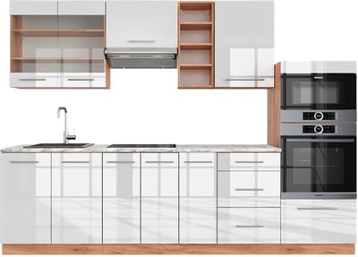 Vicco Fame-Line Complete keukeneenheid – 280 cm, WB Marmer Wit hoogglans/goud power eiken