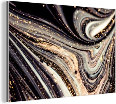 Wanddecoratie Metaal - Aluminium Schilderij Industrieel - Marmerlook - Zwart - Goud - Wit - Glitter - Marmer - 180x120 cm - Dibond - Foto op aluminium - Industriële muurdecoratie - Voor de woonkamer/slaapkamer