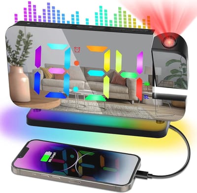 7 Inch Projectie Wekker met Nachtlampje en RGB Projector - Digitale Wekker met Groot Display, Helderheid & Volume Aanpassing, USB Oplader, Snoozefunctie 12/24H