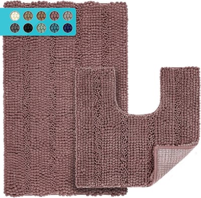Badkamertapijt set van 2 antislip voor bad, douche en badkamer & toilettapijt met uitsparing U-vormig wasbaar microvezel absorberend - 51 x 81 cm + 51 x 51 cm (pastelpaars)