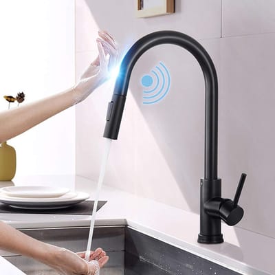 Touch On Sensor zwarte waterkraan, keukenkraan met uittrekbare douche, 360° draaibaar, mengkraan voor armatuur, eenhandsmengkraan voor keuken, gootsteen, spoelbakarmatuur
