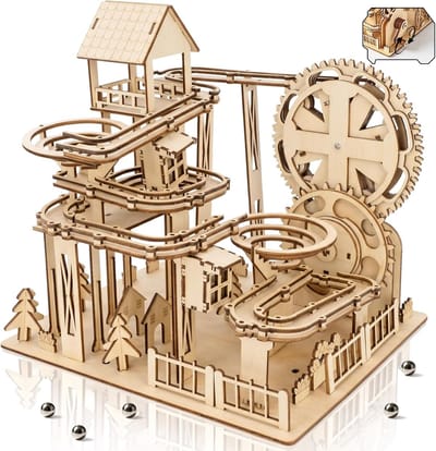 Houten Knikkerbaan - 3D Puzzel - Mechanisch Bouwen - Handslinger Aandrijving - 255 Stukken - Houtkleur