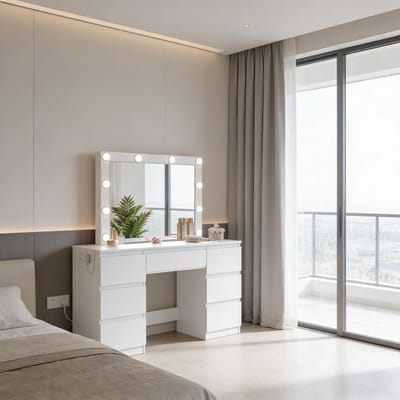 HAUSS SPOLE Kaptafel - Dimbare Ledspiegel En Stopcontacten - 7 Laden Voor Slaapkamer - Wit - 110x39,5x140,5 Cm