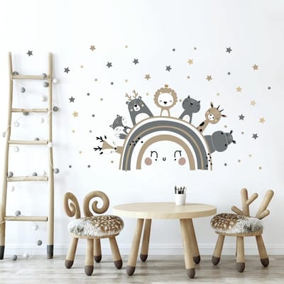Grote Regenboog en Dieren Muurstickers, Boho Woodland Dieren Wanddecoratie, Nordic Jungle Leeuw en Giraf voor Kinderkamer en Woonkamer Decoratie