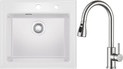 CECIPA max Spoelbak Keuken 55x50CM - Keramische Spoelbakken Keuken Met keukenkraan Met Uittrekbare Uitloop - Enkele spoelbak Wit - Spoelbakken Met Waterafvoersysteem