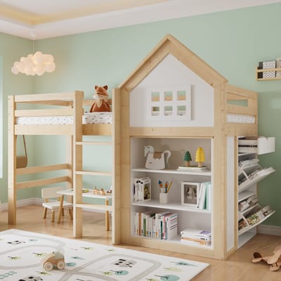 Sweiko Hoogslaper - 90 x 200 cm - met lades - Opbergplanken - Grenenhout + MDF - Wit + Naturel
