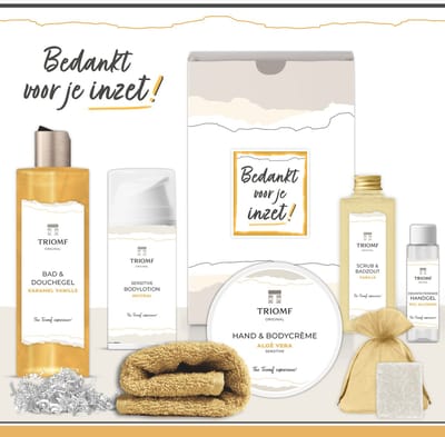 Geschenkset “Bedankt voor je inzet!” - 7 producten - 850 gram | Triomf Original - Giftset voor haar - Cadeau Pakket Pensioen - Geschenk Luxe wellness cadeaubox - Cadeaupakket Vrouw - Gift Set Kerst - Medewerker Zorg Zorgwerker Vrijwilliger Goud Geel