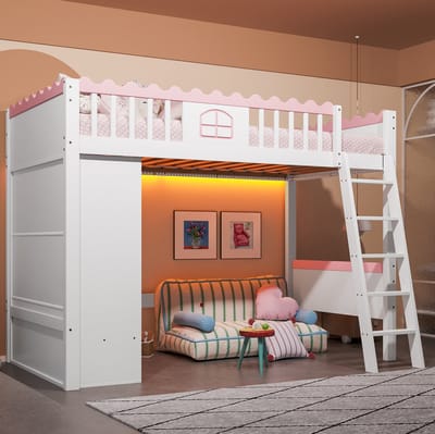 MEUNIQ hoogslaper kinderbed 90x200 cm met LED-verlichting, kledingkast en opberglade, houten bedframe voor kinderkamer, wit