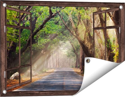 Gards Tuinposter Doorkijk Weg Omringd met Bomen - 60x40 cm - Tuindoek - Tuindecoratie - Wanddecoratie buiten - Tuinschilderij