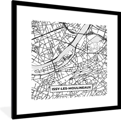Fotolijst incl. Poster Zwart Wit- Stadskaart - Frankrijk - Issy-les-Moulineaux - Kaart - Plattegrond - Zwart wit - 40x40 cm - Posterlijst