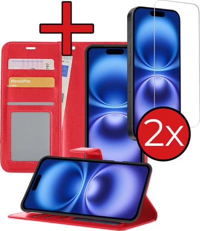 Hoesje - Met 2x Screenprotector - Geschikt voor Apple iPhone 16 - Luxe Pasjeshouder - Flip Case - Bookcase Portemonee - Kunstleer Book Case - Flipcase Hoes - Book Cover - Walletcase - Portemonneehoes - Telefoonhoes - Rood