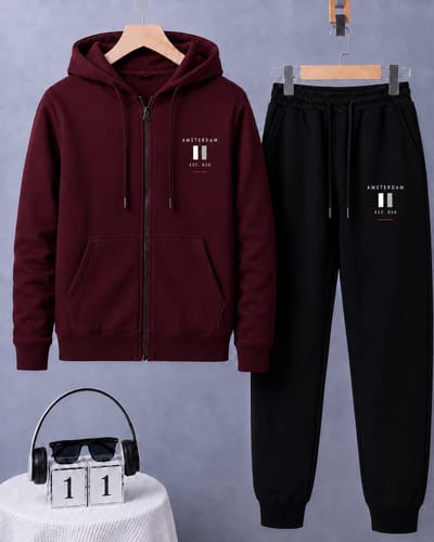 Trainingspak Heren met Rits - Joggingpak Heren Volwassenen - Heren Huispak – Amsterdam EST.020 Design - Rood - S