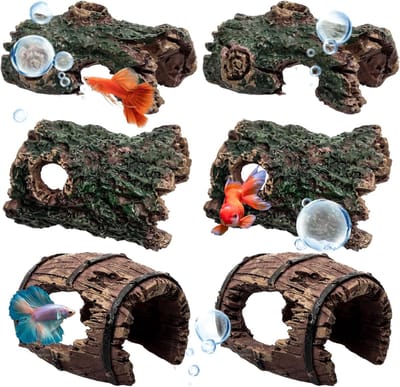 SnelShoppen - 6 Pcs Aquarium Decoratie Accessoires - Houten Boomstam Ornamenten van Resin - Realistische Holle Trunk voor Reptielen en Betta Vissen -