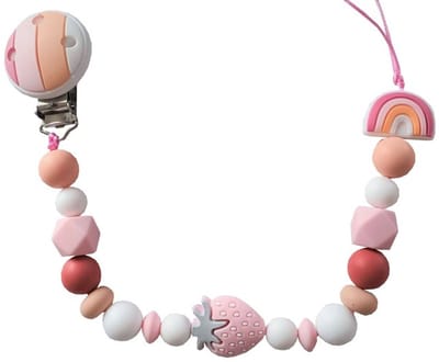 Roze siliconen tutkoord met aardbei en regenboog – Handgemaakt, dubbele draad, BPA-vrij – Baby speentouw