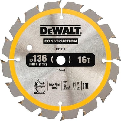 DeWALT Cirkelzaagblad voor Hout | Construction | Ø 136mm Asgat 10mm 16T - DT1946-QZ
