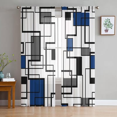 Abstracte Geometrie Vierkant Moderne Kunst Zwart Blauw Transparante Gordijnen voor Woonkamer Decoratie Raamgordijnen Keuken Tule Voile Gordijnen W135 x H115cm x1 white