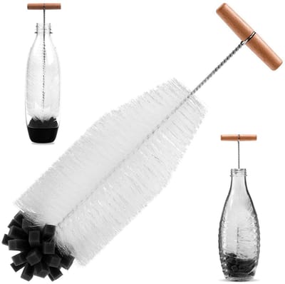 Flessenborstel - 35 cm lang, Effectieve reinigingsborstel voor glazen en plastic flessen - Beschermende spons en harde borstelharen