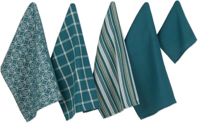 Set van 5 geweven keukendoeken in blauwgroen - 45,7 x 71,1 cm en theedoek 33 x 33 cm
