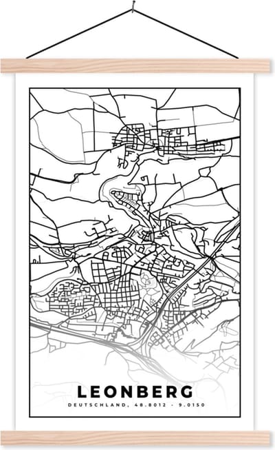 Posterhanger incl. Poster 40x60 cm - Schoolplaat - Leonberg - Plattegrond - Kaart - Stadskaart - Textielposter - Blanke latten - Stadskaart