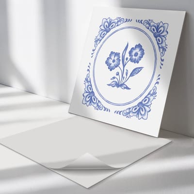Wallfluent Vinyl Tegels - Bloemenpatroon in Een Cirkel Vloer Tegels PVC - 30 cm x 30 cm - Blauw PVC Tegels - 9 stuks - Vierkant PVC Tegels - Bloemen en Planten Plaktegels - Zelfklevende PVC Tegels - Plaktegels Keuken en Badkamer