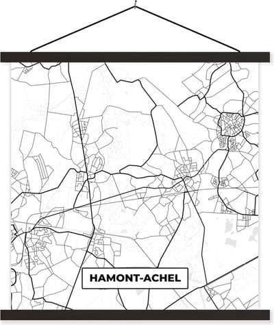 Posterhanger incl. Poster 60x60 cm - Schoolplaat - Stadskaart – Zwart Wit - Kaart – Hamont Achel – België – Plattegrond - Textielposter - Zwarte latten - Stadskaart