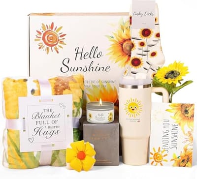 Cadeaupakket Vrouwen - Verzorgingspakket Vriendin - Positiviteit Brengen - 9 Delige Set - 127 x 152 cm - Zonnebloem Geel