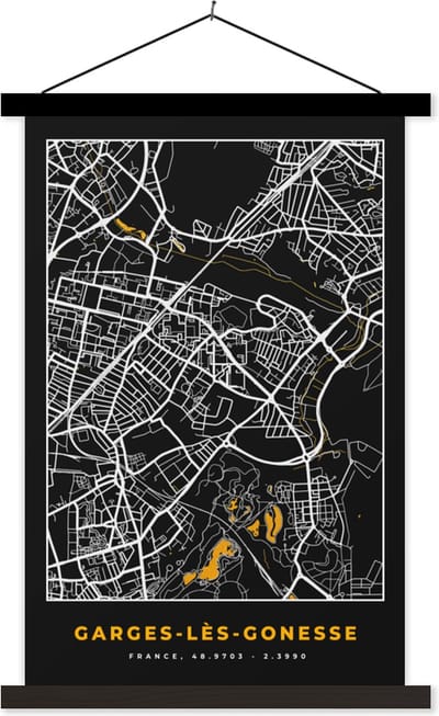 Posterhanger incl. Poster 40x60 cm - Schoolplaat - Kaart - Frankrijk - Stadskaart - Plattegrond - Garges-lès-Gonesse - Textielposter - Zwarte latten - Stadskaart