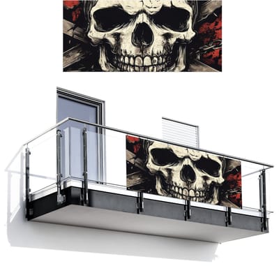 Balkonscherm 200x90 cm - Balkonposter Schedel - Kettingen - Rood - Balkon scherm decoratie - Balkonschermen - Balkondoek zonnescherm