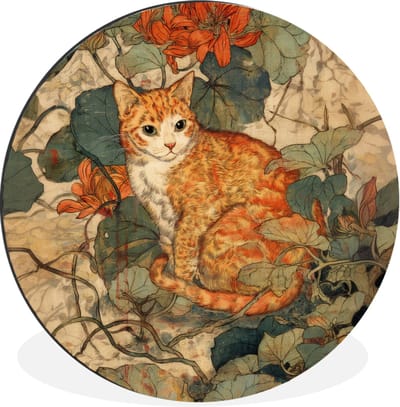 WallCircle - Wandcirkel - Muurcirkel - Kat - Sierlijk - Bloemen - Aluminium - Dibond - 30x30 cm - Binnen en Buiten
