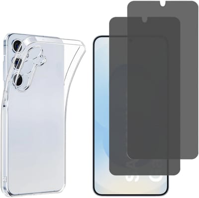 Hoesje geschikt voor Samsung Galaxy S25 backcover siliconen Transparant en 2 stuks Beschermglas Privacy Glas Screenprotector van glazen schermbeschermfolie
