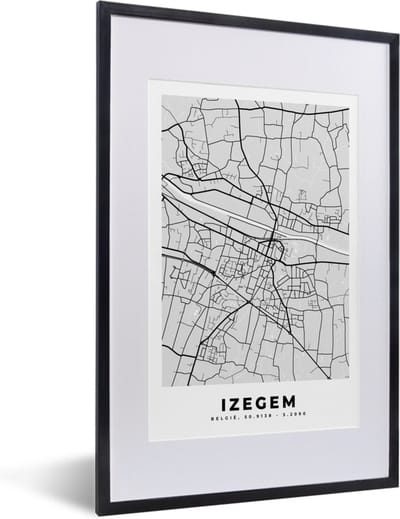 Fotolijst incl. Poster Zwart Wit- Stadskaart – Zwart Wit - Kaart – Izegem – België – Plattegrond - 40x60 cm - Posterlijst