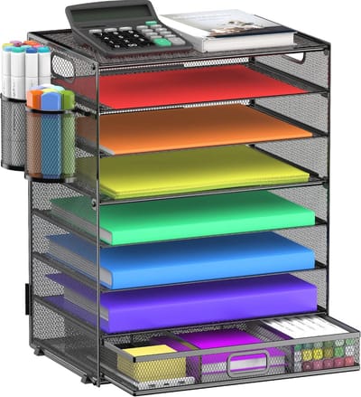 8 Laags Papier Brievenlade Organizer met Lade en Penhouders - Houten Bureau File Houder voor Thuis, School en Kantoor