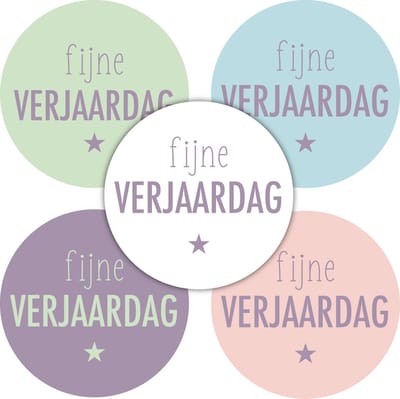 Fijne Verjaardag wensetiket - 5 assorti - Pastelkleuren - Pastel - Kleur - Sluitsticker - Sticker - Zwart - Wit - Hartje - Traktatie - Jarig - Uitdelen - Verjaardag - Etiket
