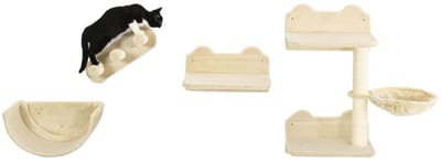 Katzen Kletterwand - 4 tlg - Katzenkratzbaum mit Klettern, Katzentreppe, Hängematte, Sprungplatte - Für Katzen bis 5 kg