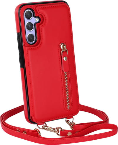 Casemania Hoesje Geschikt voor Samsung Galaxy A54 - Rood - Luxe Back Cover met Koord & Rits - Wallet Case met Pasjeshouder - Lanyard Telefoonhoes - Cord Case