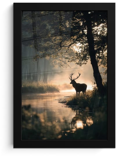 Poster in lijst - Fotolijst 20x30 cm - Posters - Hert - Bosbeek - Mystiek - Posterlijst zwart - Decoratie - Wanddecoratie woonkamer - Muurdecoratie slaapkamer
