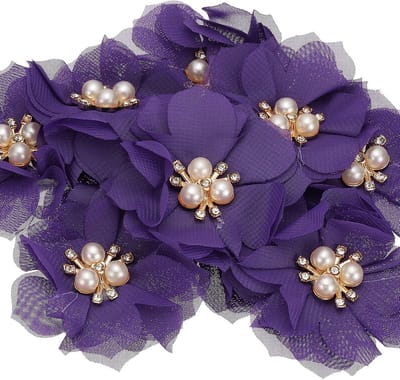 Chiffon Bloem Applicaties - Stoffen Bloemen Parels - Ambachtelijke Decoratie - Met Parel en Strass - 10 stuks - Diep Paars