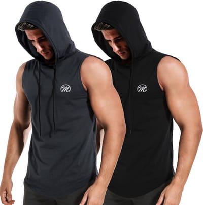 MEETYOO 2 Artikelen Heren Gym Tank top sport Bodybuilding Hood with drawstring Hooded Tank Top Mouwloos-Zwart/Grijs-S