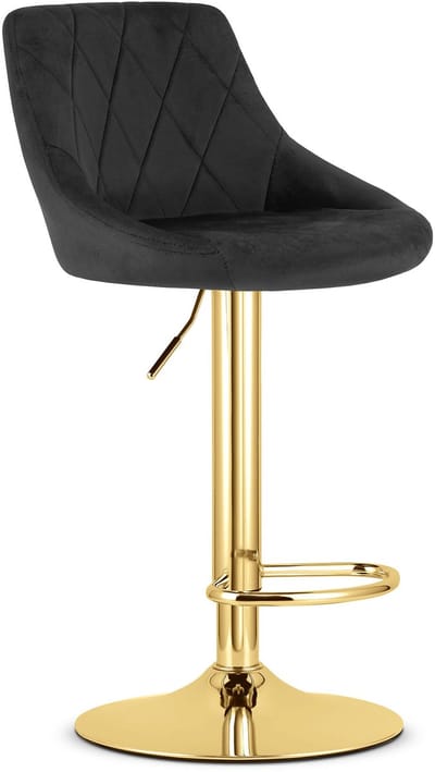 Barkruk ARES – Velvet Zwart – Goudkleurig Onderstel – Hoogte Verstelbaar – 360° Draaibaar – Modern Design – Max. 110 kg