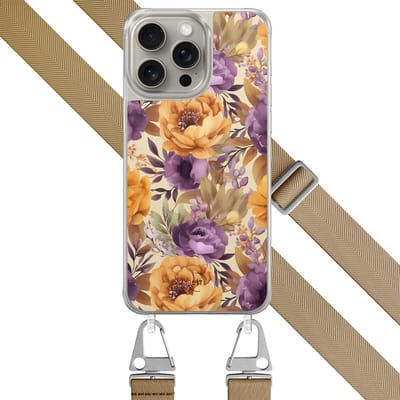 Hoesje met koord - Geschikt voor iPhone 15 Pro Max - Floral mix - Verstelbaar zwart koord - Oranje, Paars - Bloemen - Leuke Telefoonhoesjes