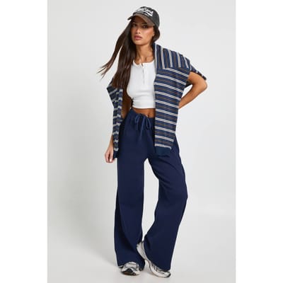 boohoo Dames Petite Rib wijde pijpbroek | Marineblauw | Maat: 38