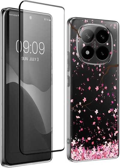 kwmobile telefoonhoesje geschikt voor Xiaomi Redmi Note 14 Pro+ 5G / Redmi Note 14 Pro Plus 5G hoes - Telefoonhoesje voor smartphone - Telefoon cover - Met glazen schermbeschermer - Kersenbloesembladeren design