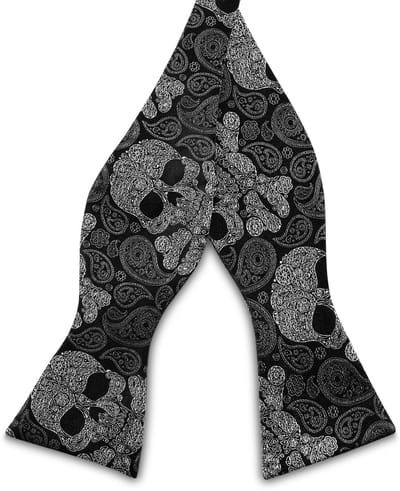 Zijden zelfbinder vlinderdas met schedel met zwart en grijs paisleymotief